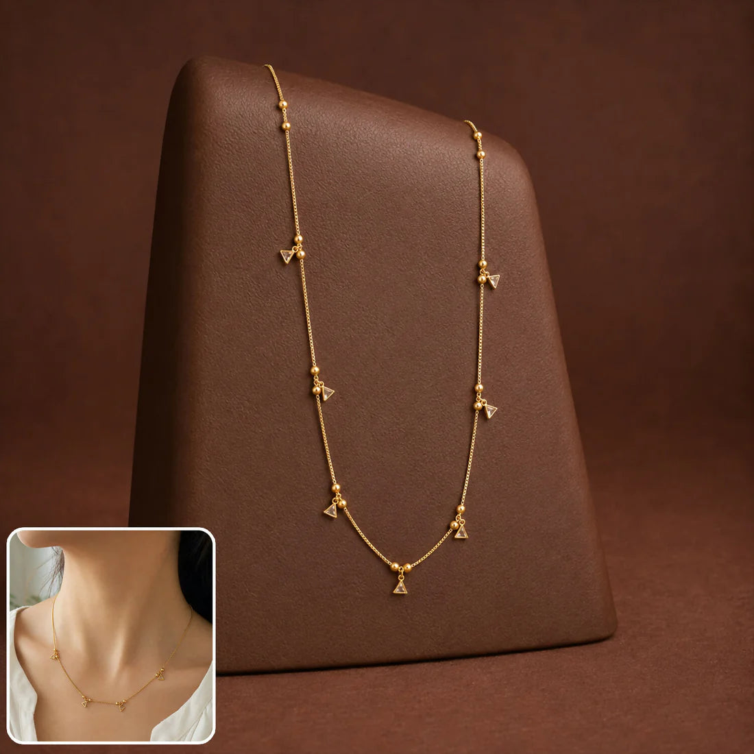 Gold-Plated Triangle CZ Necklace – Dainty Bead Chain | PEP