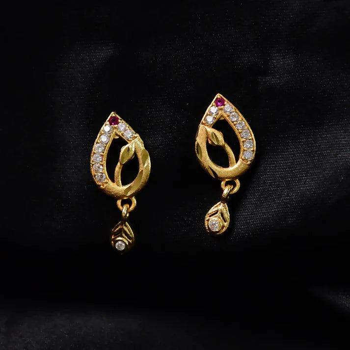 Gold Teardrop Earrings with Ruby & Crystal Drops