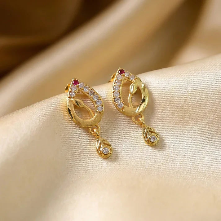 Gold Teardrop Earrings with Ruby & Crystal Drops