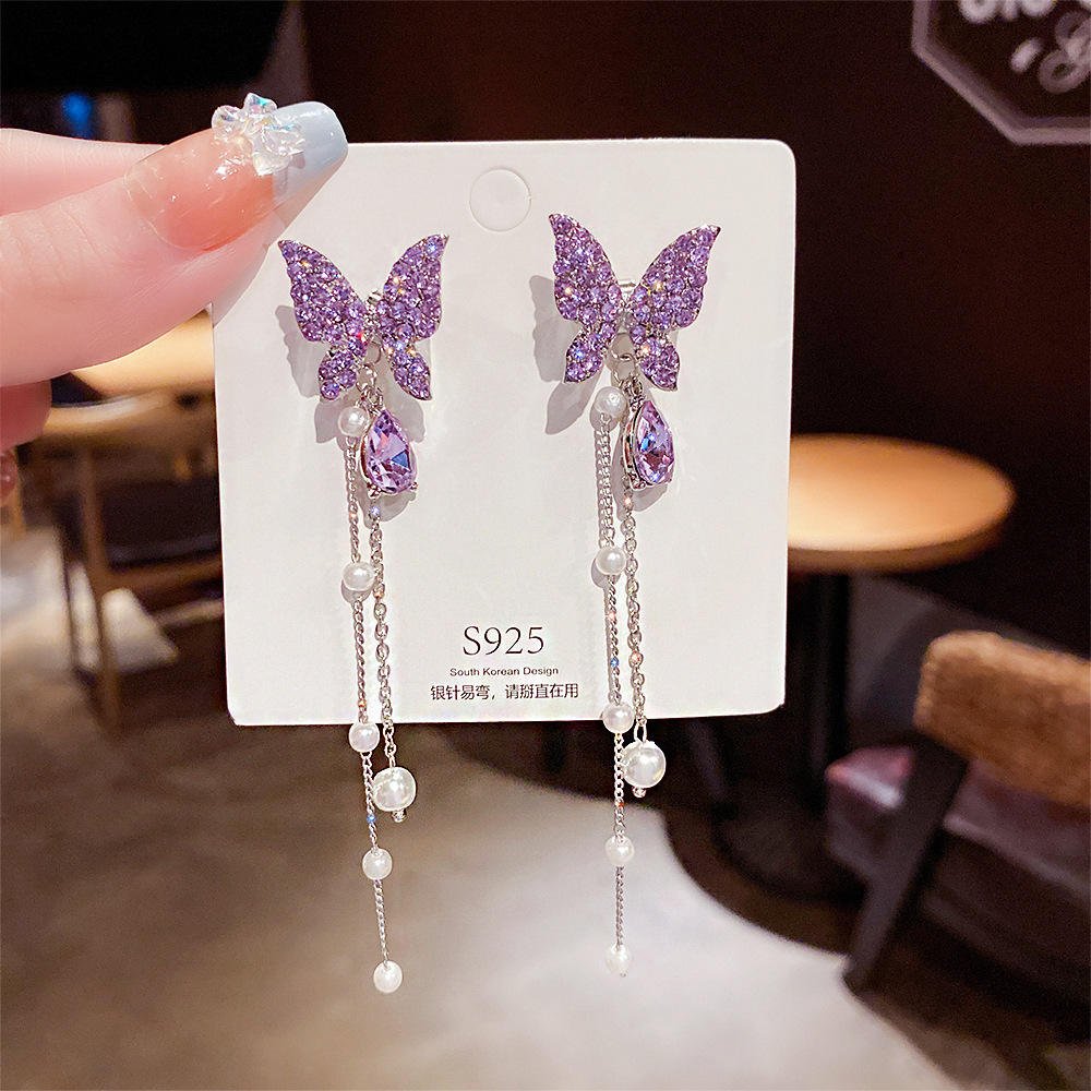 Vintage Purple Butterfly Pendant Head Earrings with Imatate Pearl Pendant Crystal Butterfly Earrings Long Chain Drop Earrings