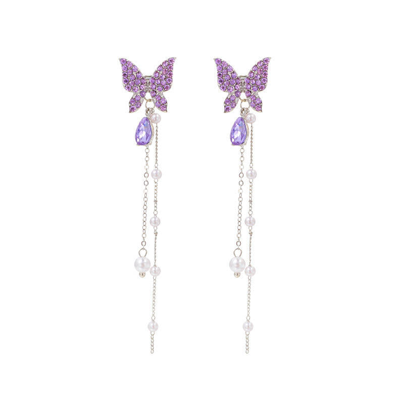 Vintage Purple Butterfly Pendant Head Earrings with Imatate Pearl Pendant Crystal Butterfly Earrings Long Chain Drop Earrings