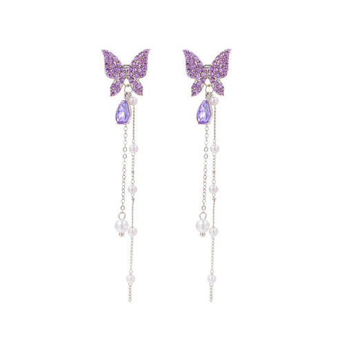 Vintage Purple Butterfly Pendant Head Earrings with Imatate Pearl Pendant Crystal Butterfly Earrings Long Chain Drop Earrings