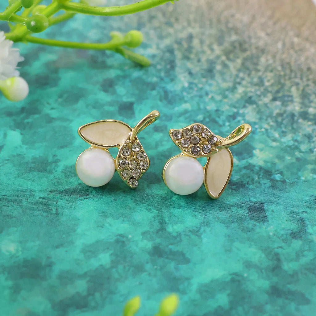 Luxury Korean Pearl Leaf Stud Earrings for Women & Girls – Premium Gold Plated Designer Jewellery