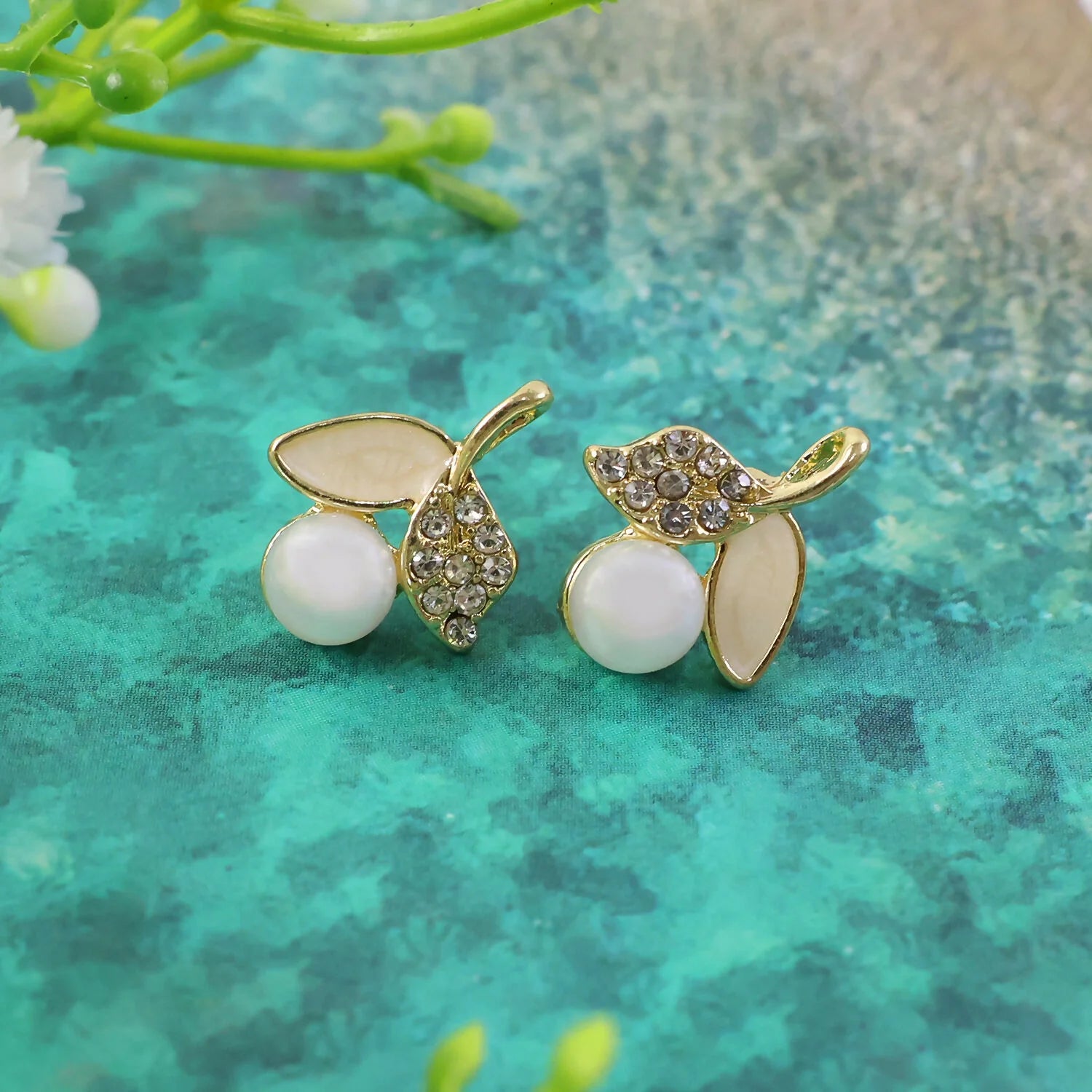 Luxury Korean Pearl Leaf Stud Earrings for Women & Girls – Premium Gold Plated Designer Jewellery